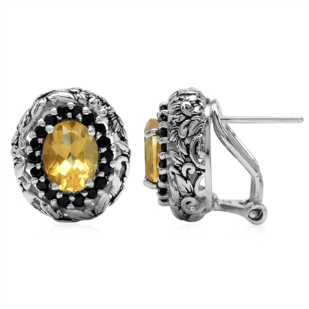Yellow Citrine and Black Spinel 925 Sterling Silver Leaf Vintage Style Omega Clip Post Earrings