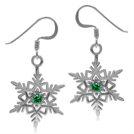Created Nano Green Emerald 925 Sterling Silver Snowflake Dangle Hook Earrings