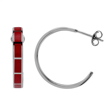 25MM  Inlay Created Red Color 925 Sterling Silver Flat C Hoop Earrings Jewelry