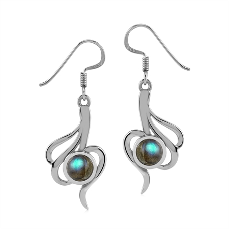 Natural Labradorite 925 Sterling Silver Contemporary Swirl Ribbon Dangle Hook Earrings