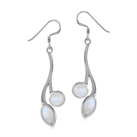 Natural Rainbow Moonstone 925 Sterling Silver Contemporay Leaf Inspired Long Dangle Hook Earrings
