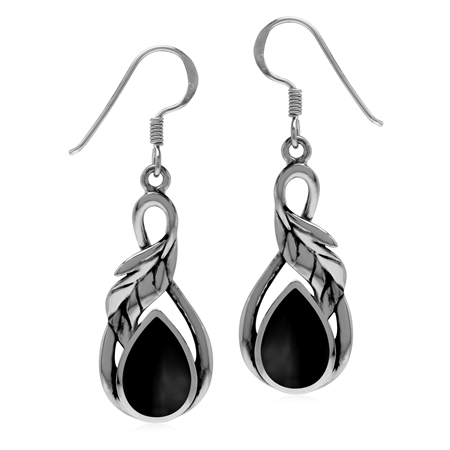 Natural Black Onyx Inlay 925 Sterling Silver Dangle Hook Leaf Earrings