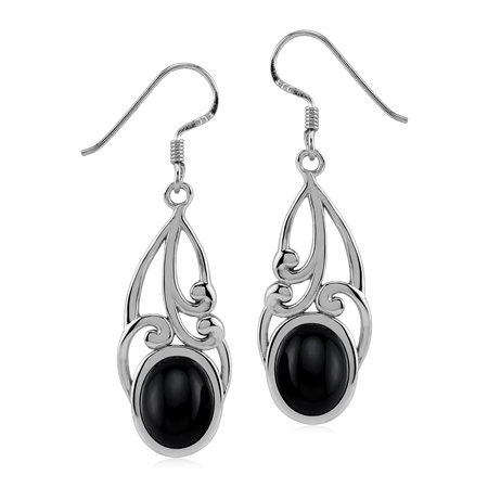 Natural Black Onyx 925 Sterling Silver Victorian Swirl Dangle Hook Drop Earrings