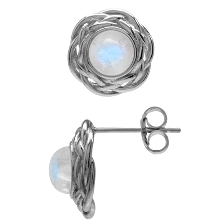 Natural Moonstone White Gold Plated 925 Sterling Silver Celtic Weave Knot Stud/Post Earrings