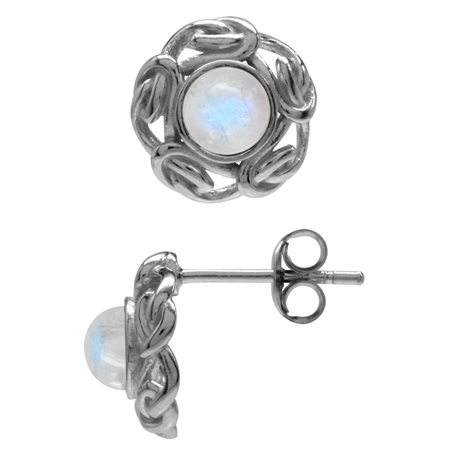 Natural Moonstone White Gold Plated 925 Sterling Silver Celtic Knot Stud/Post Earrings