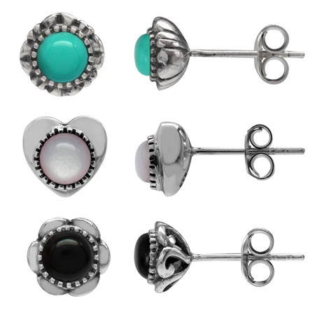 3-Pair Petite Mother Of Pearl, Created Turquoise & Onyx 925 Sterling Silver Stud Earrings Set