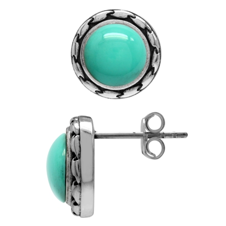 8MM Round Shape Created Green Turquoise 925 Sterling Silver Stud/Post Earrings