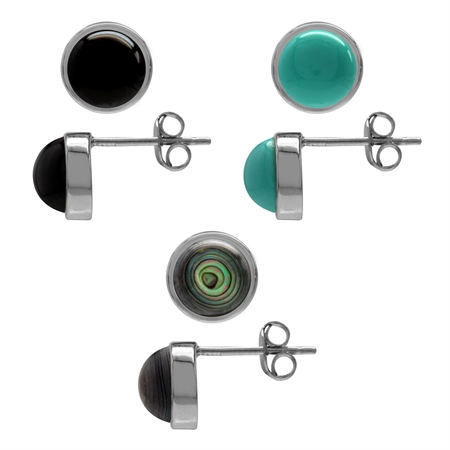 7MM 3-Pair Set Abalone/Paua Shell & Created Onyx, Turquoise 925 Sterling Silver Stud/Post Earrings