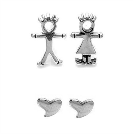 Petite 2-Pair Set 925 Sterling Silver Boy, Girl & Heart Casual Teens/Girls Stud Earrings