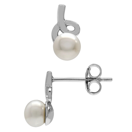 Cultured Freshwater Pearl White Gold Plated 925 Sterling Silver Knot Stud/Post Earrings