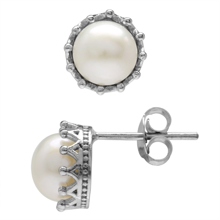 7MM Cultured Freshwater Pearl White Gold Plated 925 Sterling Silver Crown Stud/Post Earrings
