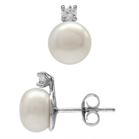 8MM Cultured Freshwater Pearl White Gold Plated 925 Sterling Silver Stud/Post Earrings