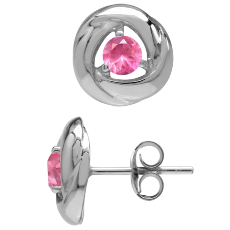 Pink CZ White Gold Plated 925 Sterling Silver Ribbon Knot/Weave Stud Earrings