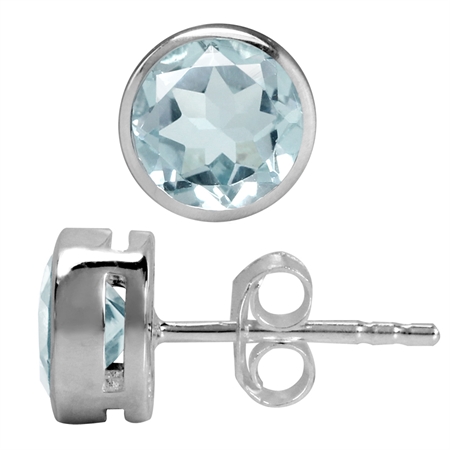 1.34ct. 6MM Genuine Round Shape Blue Aquamarine White Gold Plated 925 Sterling Silver Stud Earrings