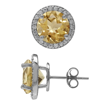4.86ct. 9MM Natural Round Shape Citrine White Gold Plated 925 Sterling Silver Halo Stud Earrings