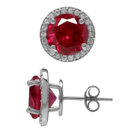 9MM Round Shape Simulated Red Ruby White Gold Plated 925 Sterling Silver Halo Stud Earrings