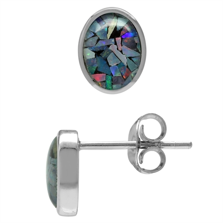 7x5MM Oval Shape Mosaic Opal White Gold Plated 925 Sterling Silver Stud/Post Earrings