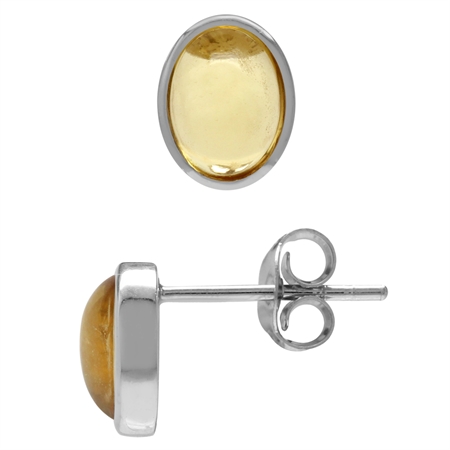 7x5MM Oval Shape Cabochon Citrine White Gold Plated 925 Sterling Silver Stud/Post Earrings