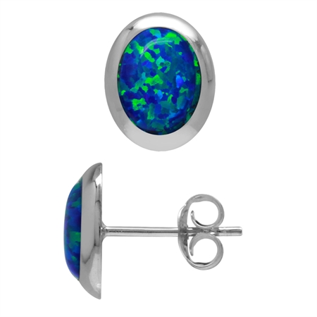 Oval Shape Synthetic Opal White Gold Plated 925 Sterling Silver Stud/Post Earrings