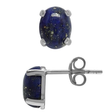 Natural Oval 8x6 MM Lapis Lazuli 925 Sterling Silver Stud Earrings