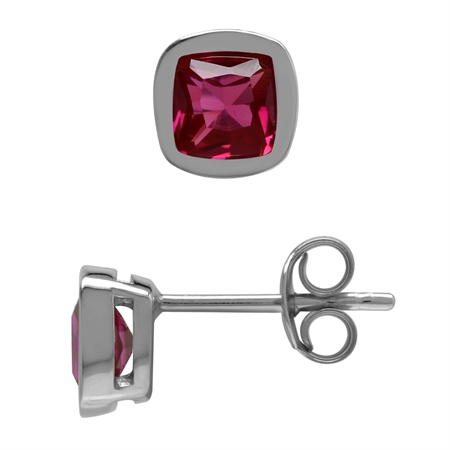 Created 1.3 ctw 5 mm Cushion Shape Ruby 925 Sterling Silver Stud Earrings