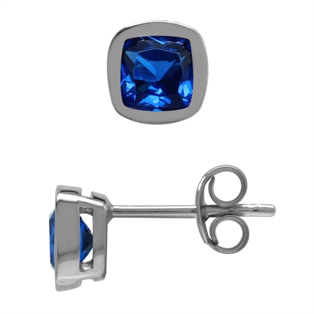 1.2 ctw 5 mm Cushion Shape Created Blue Sapphire 925 Sterling Silver Stud Earrings