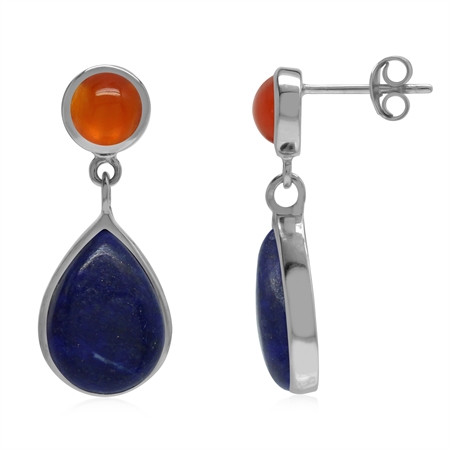 Natural Blue Lapis Lazuli and Carnelian 925 Sterling Silver Dangle Drop Post Earrings