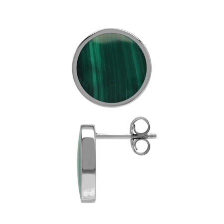 12 mm Created Green Malachite Stone 925 Sterling Silver Round Inlay Stud Earrings
