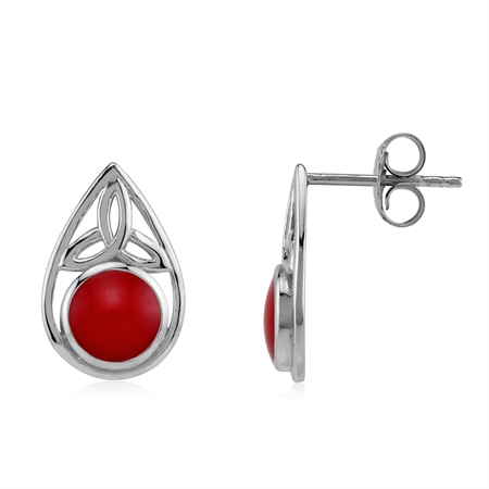 Created Red Coral Triquetra Celtic Knot 925 Sterling Silver Stud Post Earrings