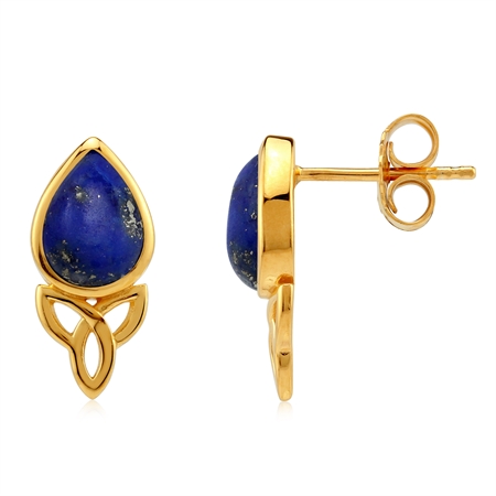 Lapis Lazuli Triquetra Celtic Knot 14K Yellow Gold Plated 925 Sterling Silver Stud Post Earrings
