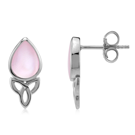 Pink Mother of Pearl Inlay Triquetra Celtic Knot 925 Sterling Silver Stud Post Earrings