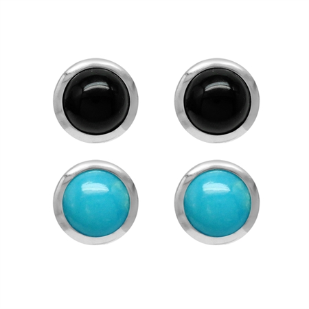 4MM Petite Onyx and American Turquoise 925 Sterling Silver Stud Earrings Set of 2 Pairs