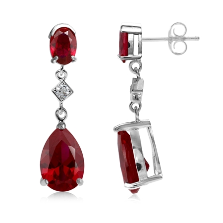 12x8mm Pear Shape Simulated Red Ruby 925 Sterling Silver Drop Dangle Post Earrings