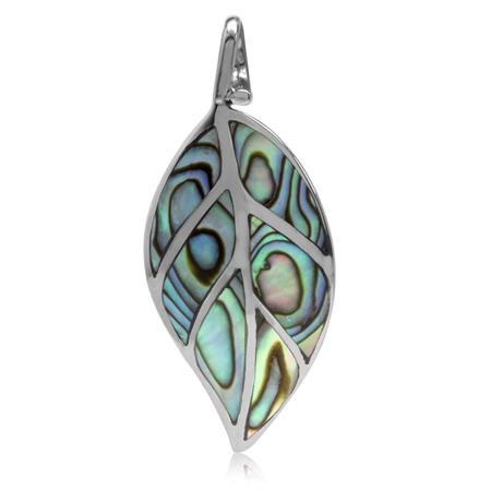 Abalone/Paua Shell Inlay White Gold Plated 925 Sterling Silver Leaf Pendant