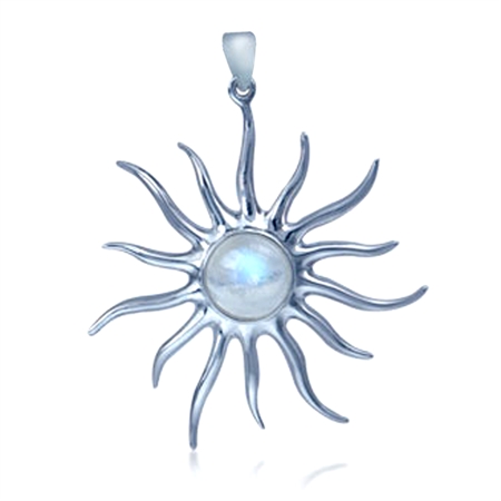 Natural Moonstone White Gold Plated 925 Sterling Silver Sun Ray Inspired Pendant
