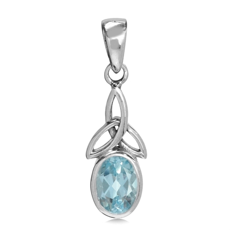 Genuine Blue Topaz White Gold Plated 925 Sterling Silver Triquetra Celtic Knot Pendant
