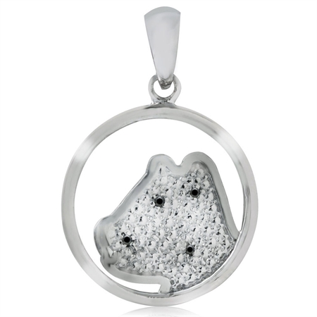 Natural Black Diamond White Gold Plated 925 Sterling Silver DOG in Circle Pendant
