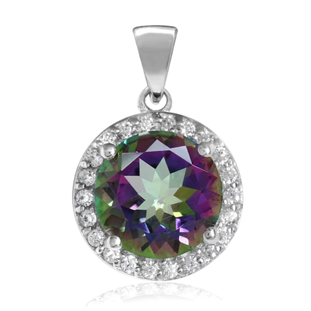 3.21ct. 9MM Round Shape Mystic Fire Topaz White Gold Plated 925 Sterling Silver Halo Pendant