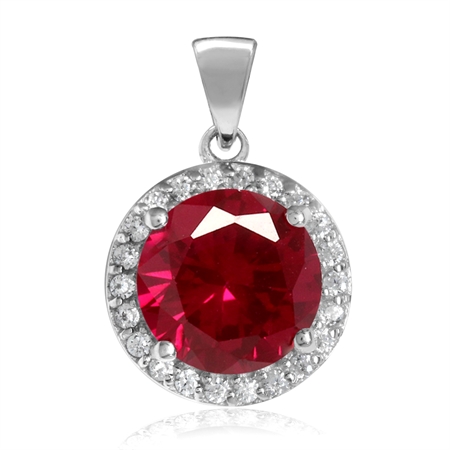 9MM Round Simulated Red Ruby White Gold Plated 925 Sterling Silver Halo Pendant