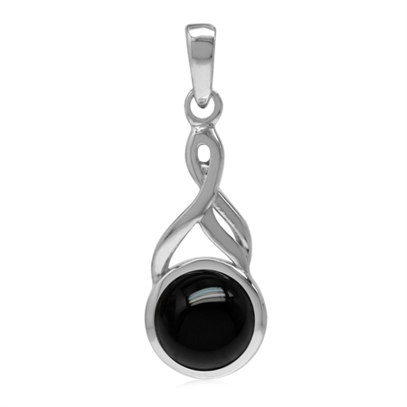 7MM Genuine Round Shape Black Onyx White Gold Plated 925 Sterling Silver Casual Solitaire Pendant