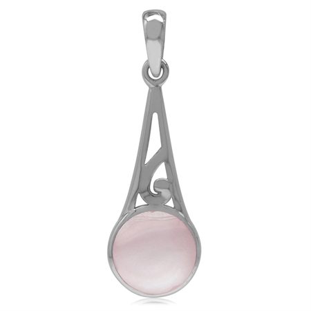 9MM Round Pink Mother Of Pearl Inlay 925 Sterling Silver Filigree Swirl Cone Shape Pendant