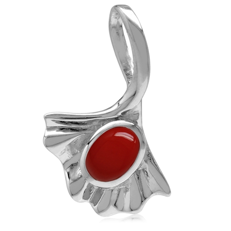 Created Red Coral White Gold Plated 925 Sterling Silver Ginkgo Leaf Solitaire Pendant