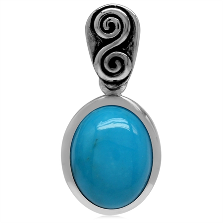 10x8MM Genuine Oval Shape American Turquoise 925 Sterling Silver Swirl & Spiral Solitaire Pendant