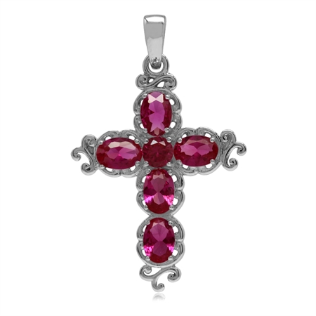 Simulated Red Ruby White Gold Plated 925 Sterling Silver Victorian Cross Pendant