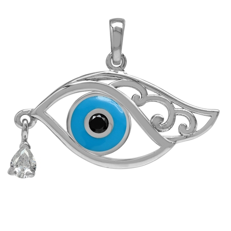 Black, White CZ & Blue Enamel 925 Sterling Silver Eye of Horus Inspired Pendant