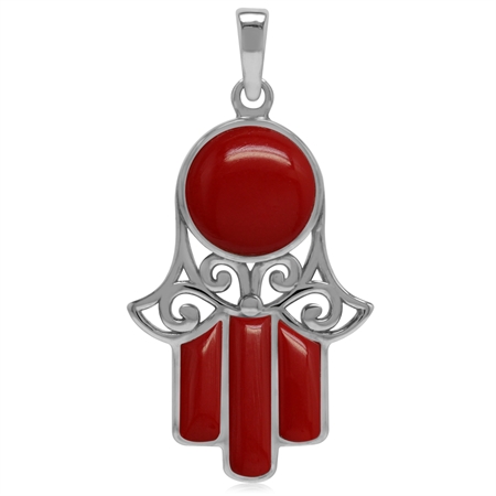 Created Red Coral White Gold Plated 925 Sterling Silver Filigree Hamsa Hand Pendant