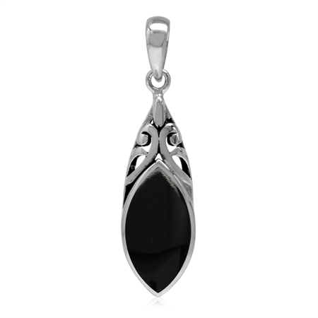 14x7MM Natural Marquise Shape Black Onyx 925 Sterling Silver Filigree Drop Pendant