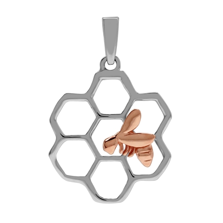 925 Sterling Silver Hexagon Honeycomb Beehive with Rose Gold Honey Bee Pendant Jewelry