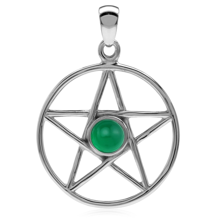 Genuine Green Onyx 925 Sterling Silver Pentagram Star Wiccan Pendant