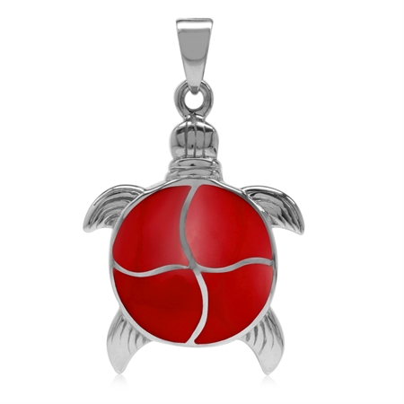 Created Red Coral Inlay White Gold Plated 925 Sterling Silver Turtle Sealife Pendant